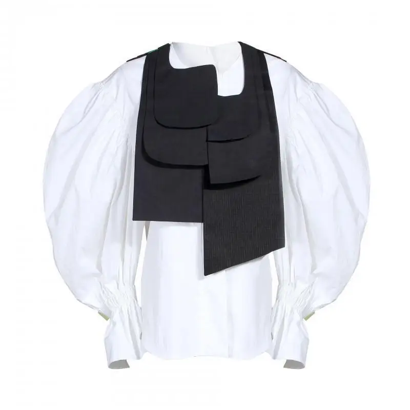 Ретро белая рубашка с рукавом-фонариком Женский комплект черным жилетом