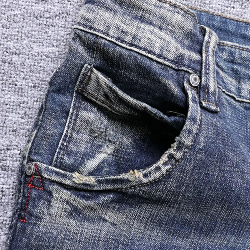 European Vintage Fashion Men Jeans Retro Blue Elastic Slim Ripped Jeans Men High Quality Distressed Designer Casual Denim Pants