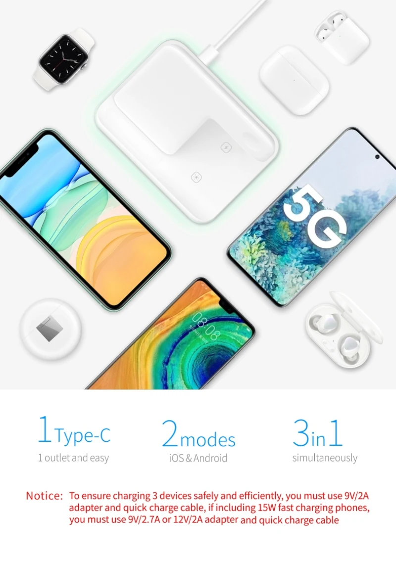 

Z5A 15W 3 in 1 Qi Wireless Charger Stand for iPhone 11 XS XR X 8 AirPods Pro Charge Dock Station For Watch iWatch 5 4 3 2
