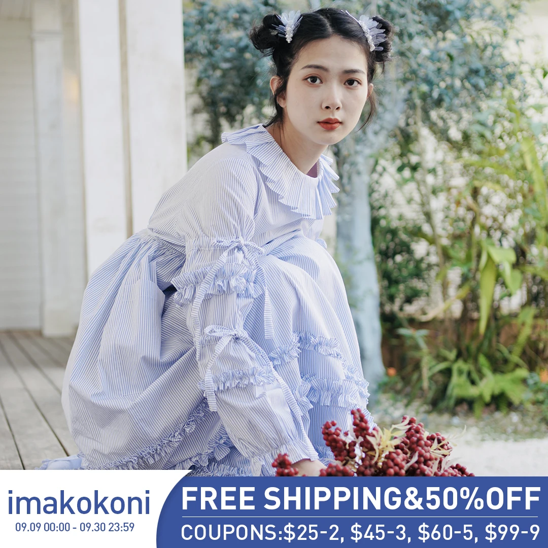 

Оригинальный дизайн imakokoni, милая имитация шелка, чистый хлопок, сине-белая полосатая платье с воротничком для куклы, тонкая и свободная женс...