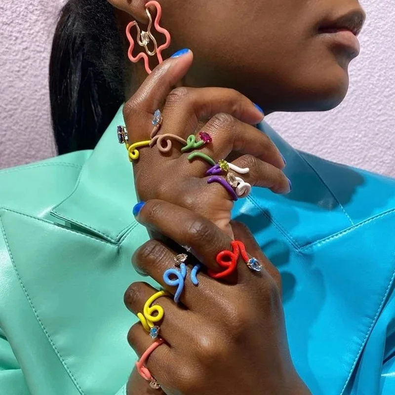 

New Punk Colorful Hand-painted Twist Geometric Irregular Heart Square Rhinestone Zircon Open Rings Stud Earring Set For Jewelry