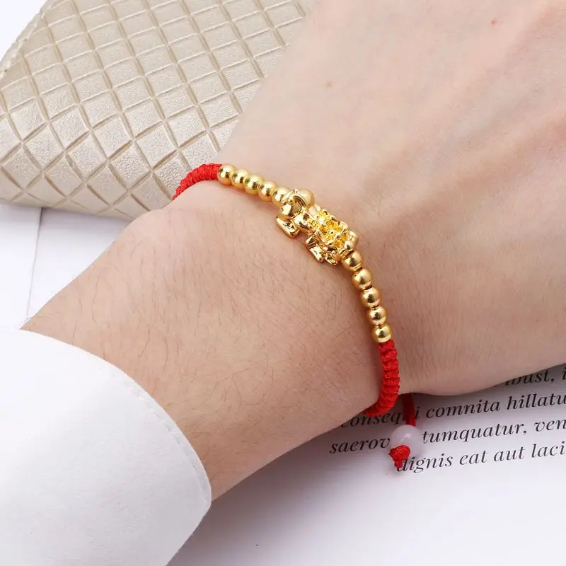 

Chinese Feng Shui Gold Pi Xiu Kabbalah Red String Bracelet Eye Protection R2LE