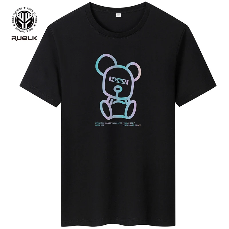 

RUELK 2021 Men's Casual High-quality 100% Cotton Short-sleeved T-shirt Cartoon Bear Print O-neck T-shirt Casual Hip-hop T-shirt