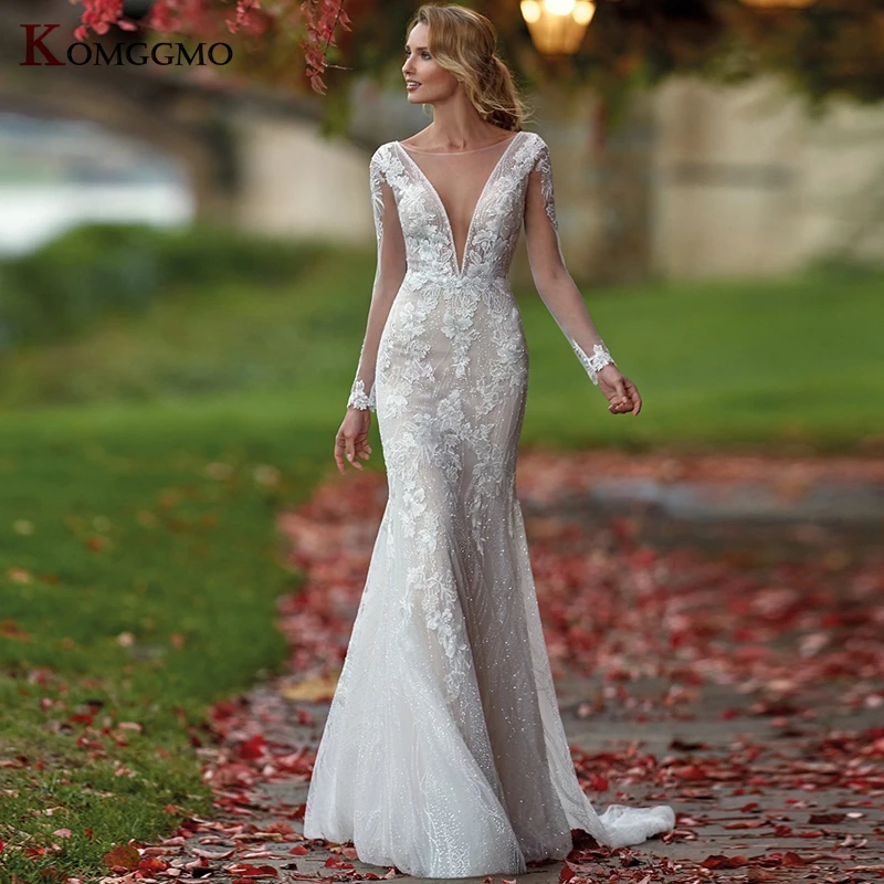 

Illusion O-Neck Full Sleeve Mermaid Wedding Dress for Women Luxury Embroidery Appliques Tulle Chapel Train Lace Bridal Gown