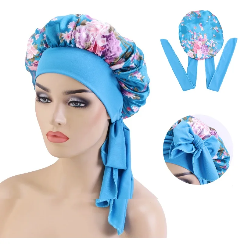 

Flower Print Satin Bonnet With Elastic Band Stretch Ties Hat For Women Night Sleep Hat Hair Care Cap Silk Head Wrap Shower Cap