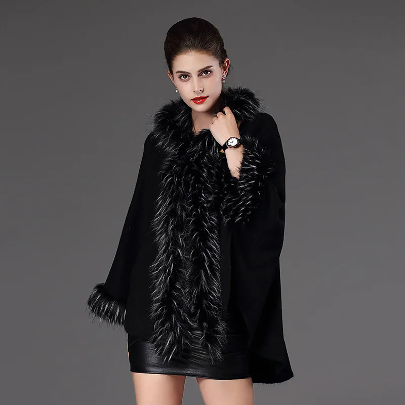 

Модная однотонная накидка, Вязаная Шаль, женская накидка, большой воротник с отделкой из искусственного лисьего меха, свободная Длинная нак...