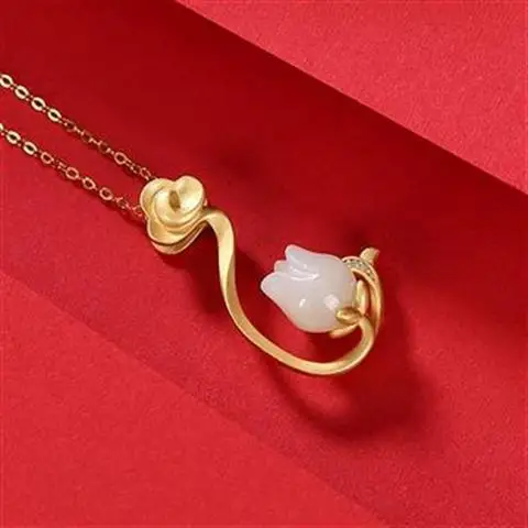 

Original S925 Sterling Silver Gilding Natural Hetian Jade Tulip Retro Personality Auspicious Cloud Ladies Pendant Necklace Set