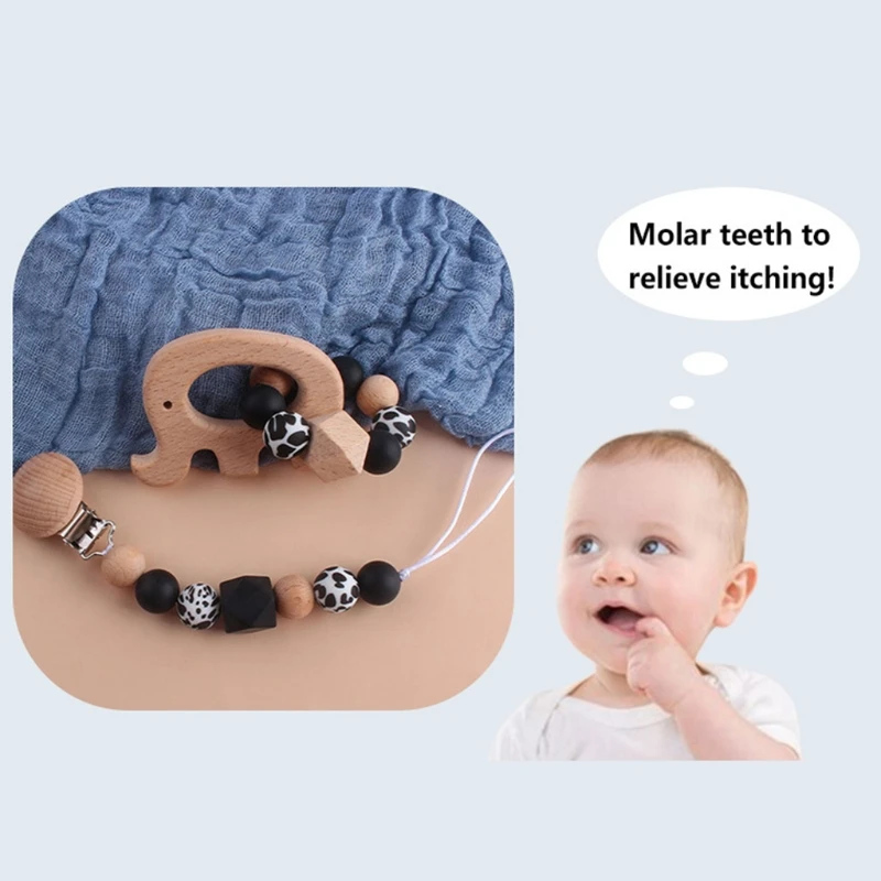 

2 Pcs/Set Baby Infants Pacifier Chain Beech Wooden Bracelet Teether Nipple Dummy Clip Holder BPA-Free Beads Teething Soother Mol