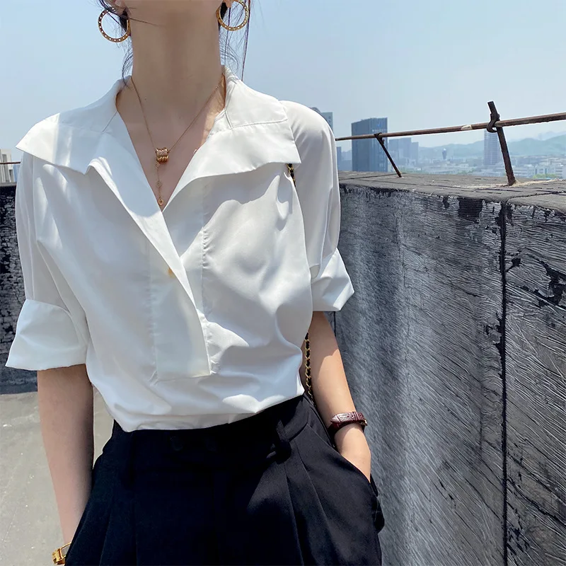 

Short Sleeve Shirt Women's 2021 New Summer Loose Top White Shirt 21-1144