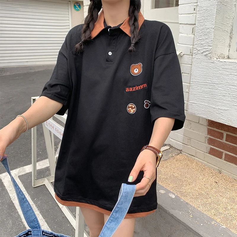 Футболки в японском стиле с изображением медведя вышитые рубашки поло хлопковые