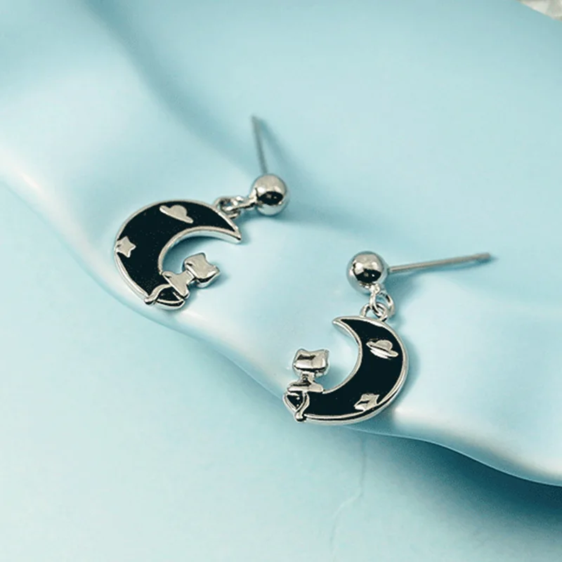 

925 Sterling Silver Moon Cute Cat Piercing Stud Earring For Women Party Jewelry Pendientes Accessories Oorbellen eh347