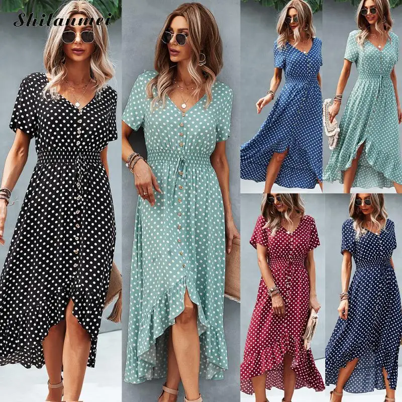 

Bohemia Dot Pattern Long Dress Irregular Hem Boho Summer Beach Vestidos Sashes Party Vacation Maxi Dress Female Casual Dresses