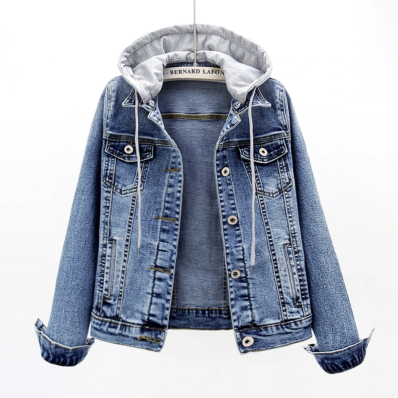 

Женская джинсовая куртка со съемным капюшоном, синяя короткая однобортная куртка из денима в Корейском стиле, повседневная верхняя одежда, ...
