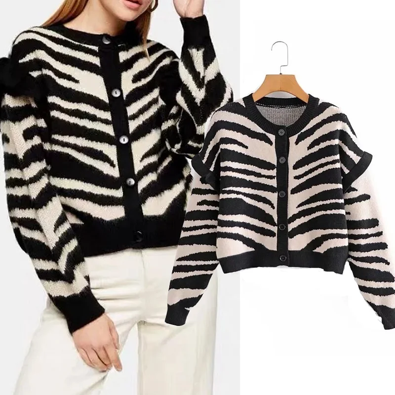 

Женский вязаный кардиган с оборками, повседневный свободный свитер с О-образным вырезом и длинными рукавами в стиле ретро, с животным принт...