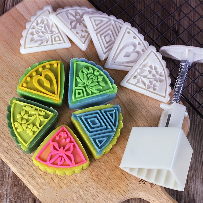 

6Pcs/Set Fan Shape Flower Moon Cake Mould Mung Bean Cake Hand Pressed Triangle Mold DIY Baking Household Pastry Printing Tools