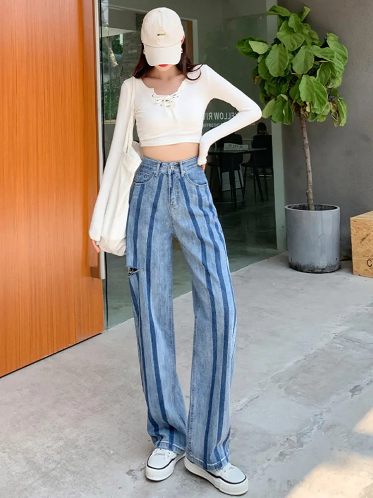 

korean fashion autumn casual jean vintage stripe ripped jeans woman high waist 2021 denim trousers streetwear women pants