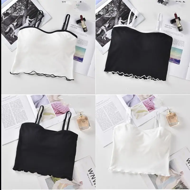 

Women Wireless Padded Camisole Crop Top Adjustable Strap Cotton Tank Top Ruffles Striped Tube Top New 2021