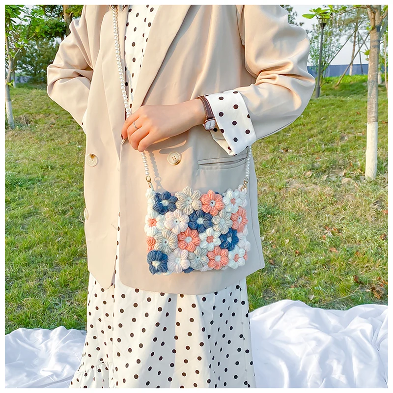 Женская сумка 2020 цветок жемчужная цепочка ручная плетеная шерстяная вязаная