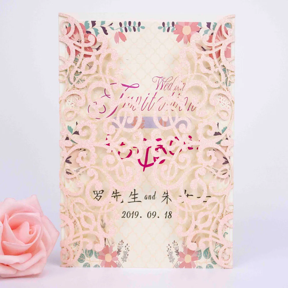 pink glitter 1X золото/серебро/Роза/Шампань/розовый блеск темно-синий/черный жемчуг полые и цветок Лазерная резка свадебные пригласительные открытки - Цвет: pink glitter