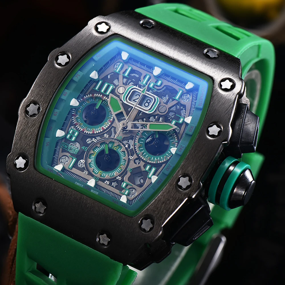 

2021 Top Brand Luxury Quartz Watches Stainless Steel Case 6 Pin Seconds Rubber Band Wristwatch Male Clock