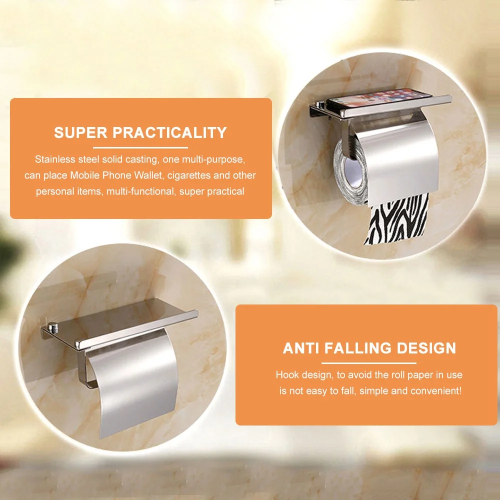 

Bathroom Roll Toilet Paper Holder Stainless Steel Wall Mount Roll Tissue Rack Holder with Phone Shelf