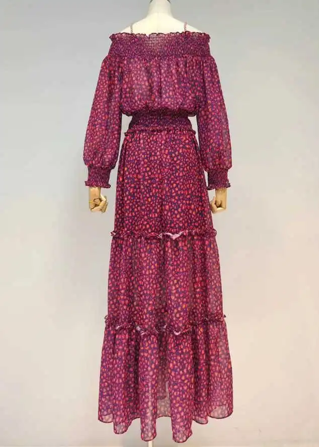 

Sexy one line collar off shoulder fold waist lace up fairy Purple Floral suspender dress long skirt girl