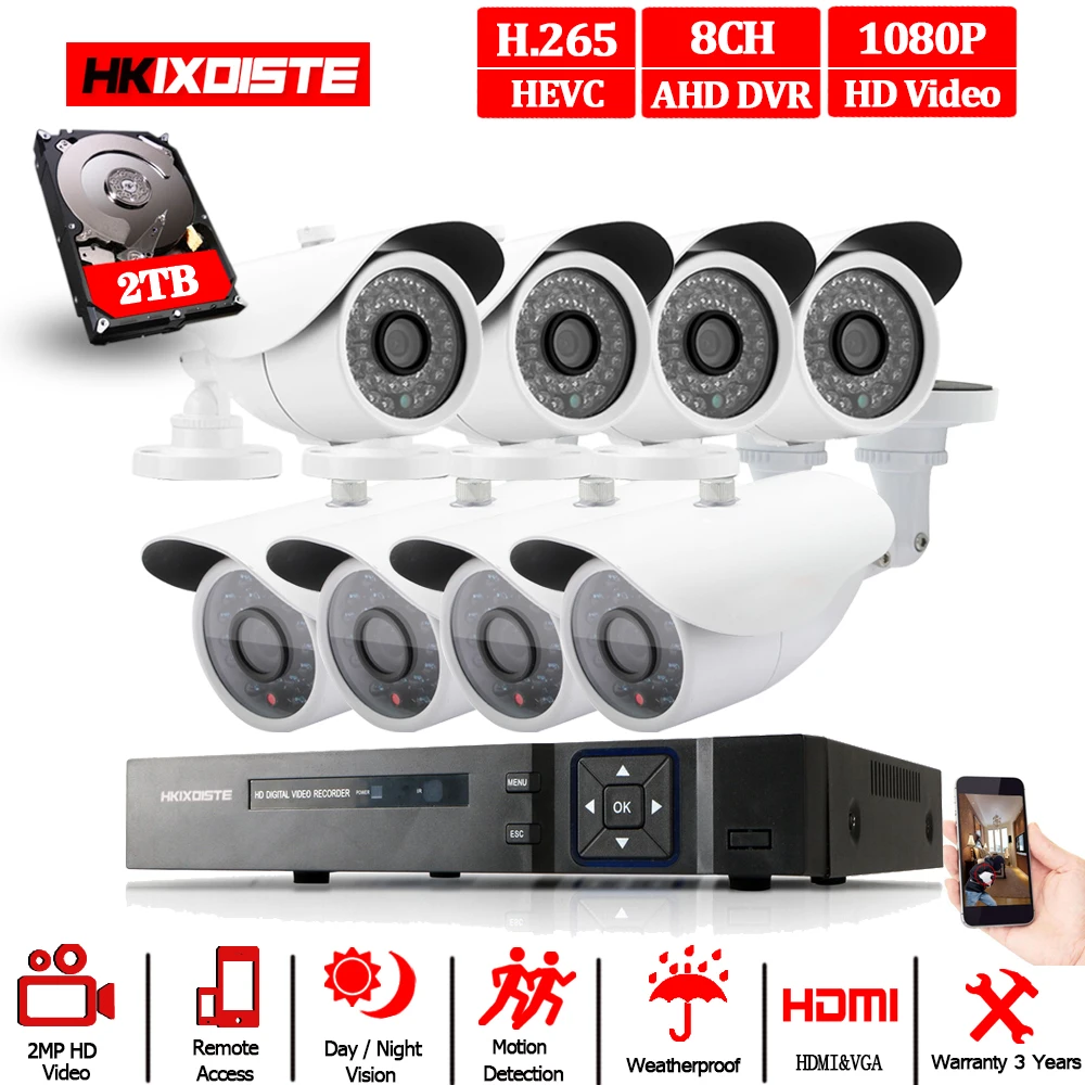 8CH 1080P HDMI DVR 1080P HD Крытая наружная камера безопасности система SONY 8-канальный CCTV DVR комплект 8 шт AHD камера набор с 2 ТБ HDD