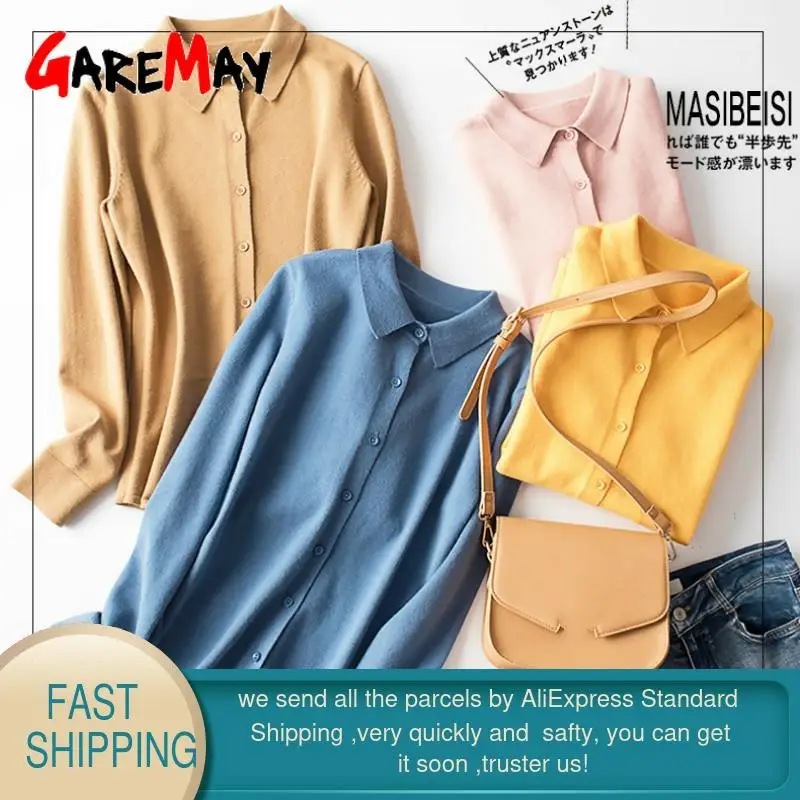GareMay Pullovers women's knitted jacket Sweaters cardigan for women jumper Turn Down Collar knitting Tops Female plus size |