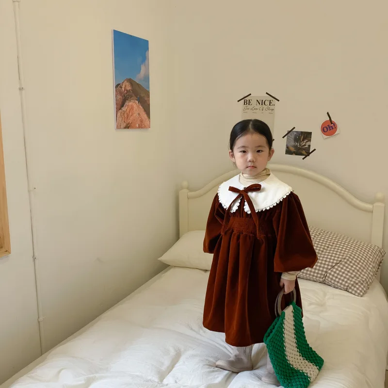 

Winter New Thick Warm Kids Girls Dress Retro Solid Baby Princess Dress Loose Big Sleeve Design Classic Style Shawl Tie Match