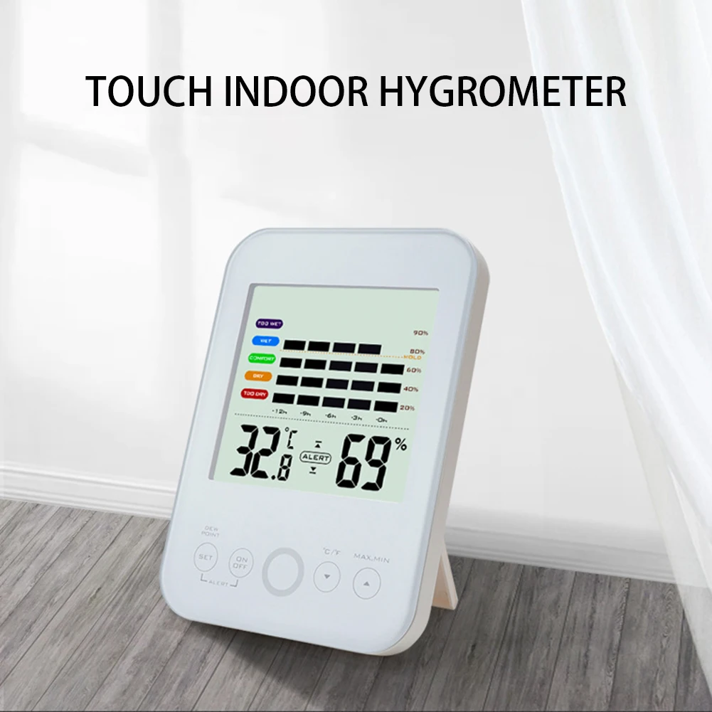 

LCD Digital Display Indoor Temperature Humidity Gauge Meter Measure Tools Touch Screen Thermometer Hygrometer with Color Alarm