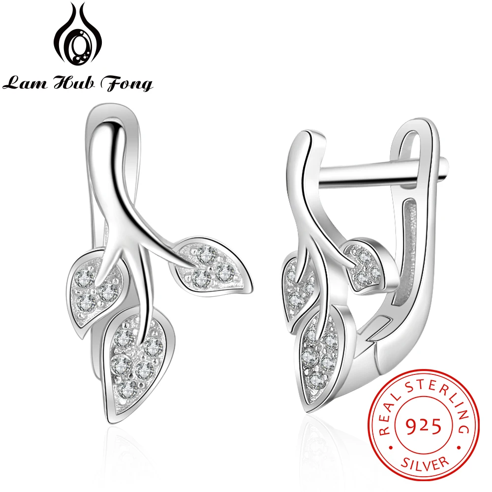 

925 Sterling Silver Hoop Earrings Fashion korean Leaf Earrings CZ Stone Earrings Fine Jewelry Wedding Women Gifts (Lam Hub Fong)