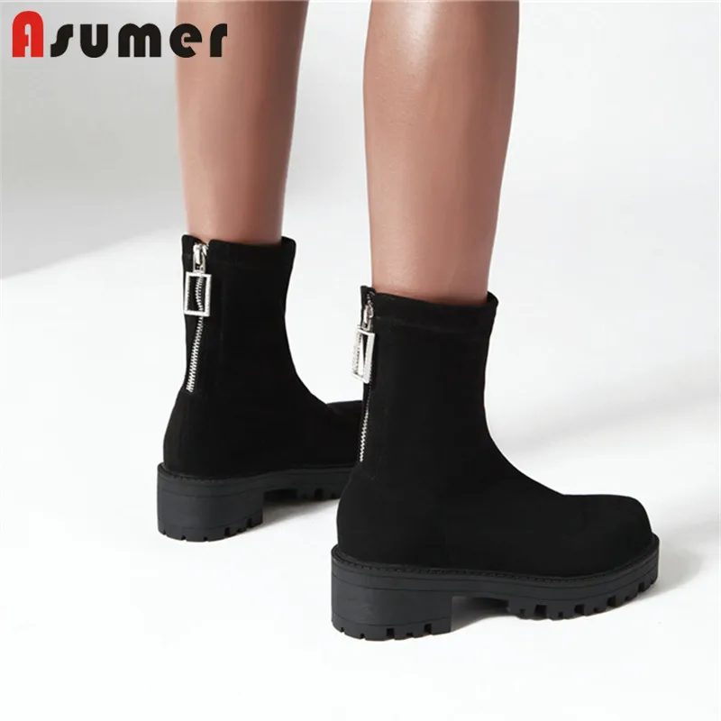 ASUMER 2020 plus size 43 ankle boots women flock round toe zipper square heels platform comfortable casual shoes woman | Обувь