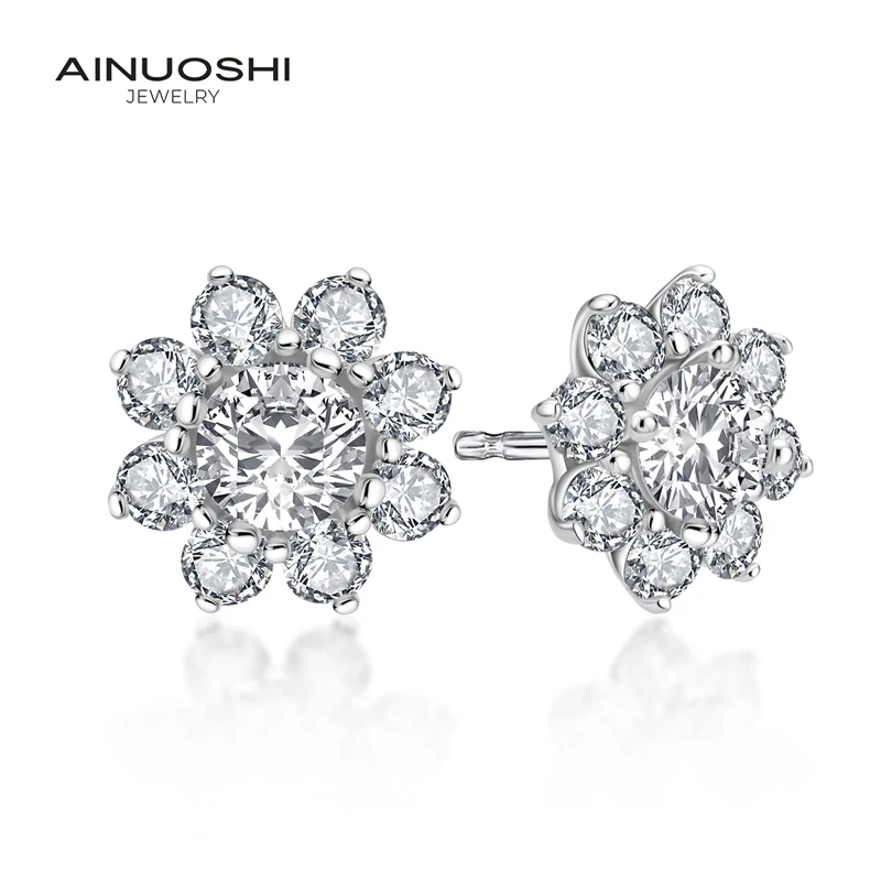 AINUOSHI Роскошные 0.8ct серьги-гвоздики круглой огранки Halo Sun Flower серьги для влюбленных 925 пробы серебряные женские серьги-гвоздики для помолвки ювелирные изделия