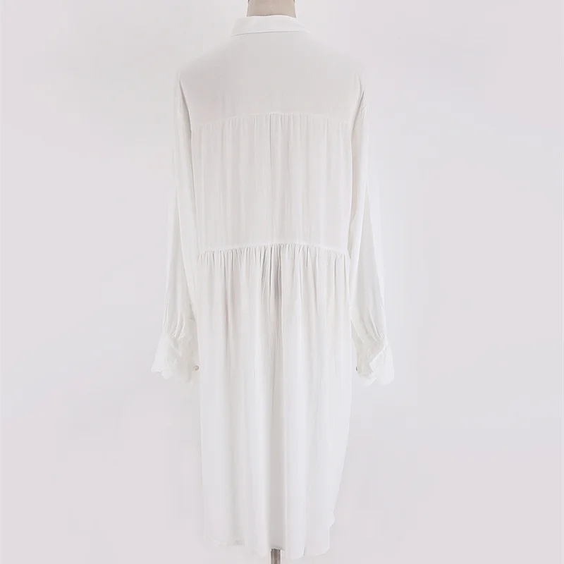 

2021 Cotton Beach Wear Shirt Style Cover Ups Women Long Sleeve Bikini Cover-Ups Swimwear Loose White Beach Dress Tunic Summer