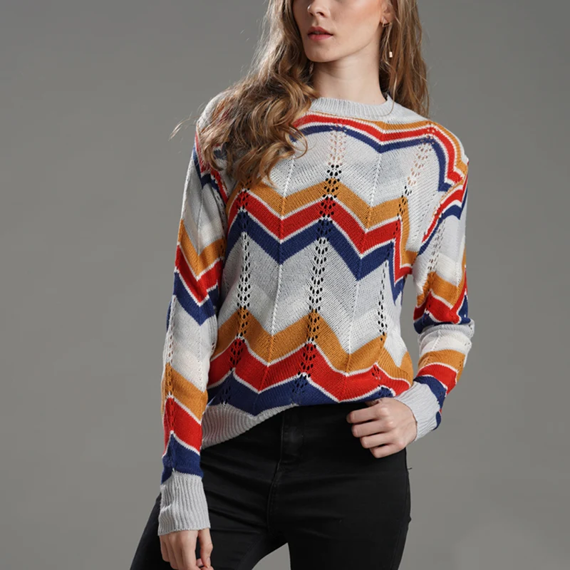 

Women Rainbow Color Long Sleeve Round Collar Knitting Sweater for Autumn Winter SER88