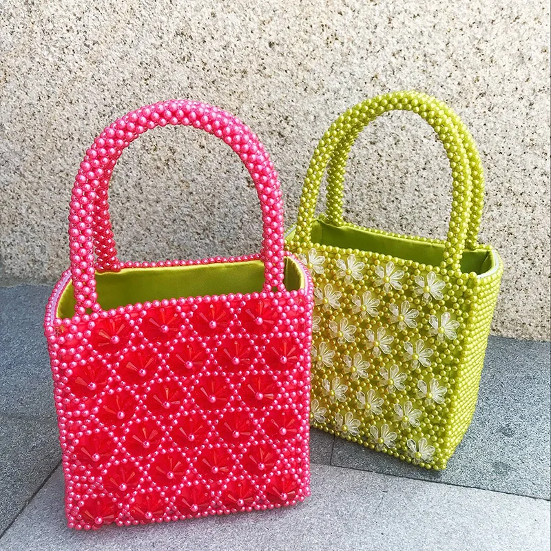 

Customized Color Beaded Flower Six Petals Woven Pearl Large Handbag Bead Bag