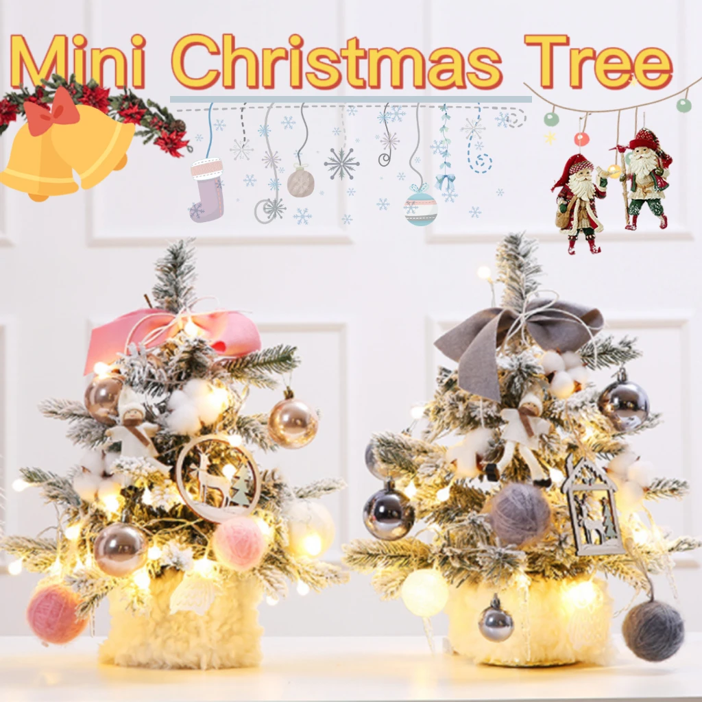 

Mini Desktop Christmas Tree With LED Nightlight Dress Up Xmas Tree Ornaments Holiday Tables Decoration New Year Gift