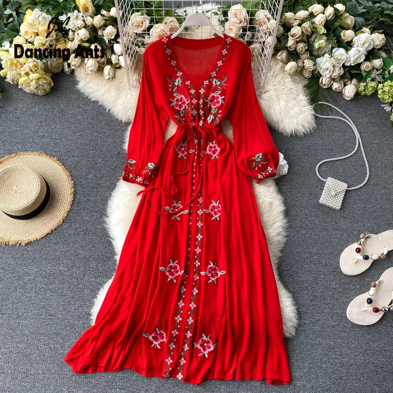 Женское платье с V образным вырезом длинным рукавом фонариком и эластичной