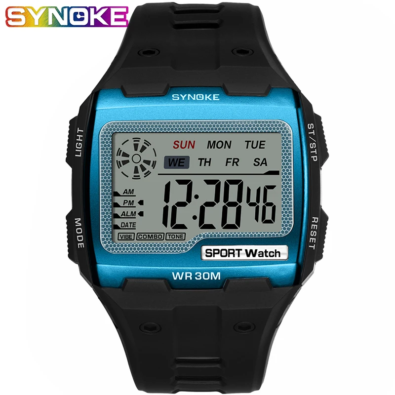lake blue SYNOKE Модные мужские квадратные цифровые часы светящиеся спортивные водонепроницаемые мужские часы светодиодный дисплей многофункциональные наручные часы - Цвет: lake blue