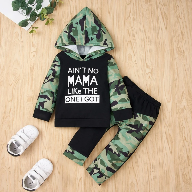 

Autumn Baby Boys Tops Clothing Newborn Kids Camouflage Letter Print Hooded Top+Camouflage Printing Pants 2PCS New Style