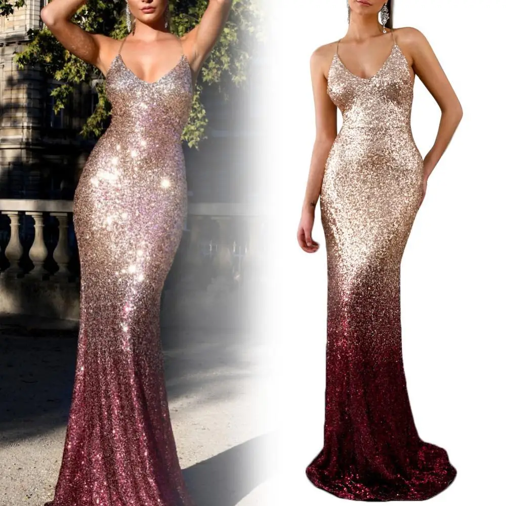 

50% Hot Sales Women Sexy V Neck Spaghetti Strap Gradient Shiny Sequin Evening Party Gown Dress
