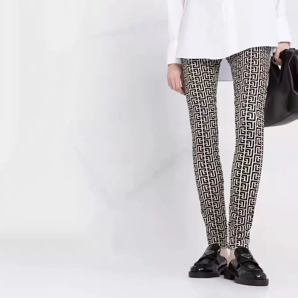 

Женские леггинсы с завышенной талией, черно-белые тонкие повседневные леггинсы с жаккардовым ворсом, Осень-зима 2021