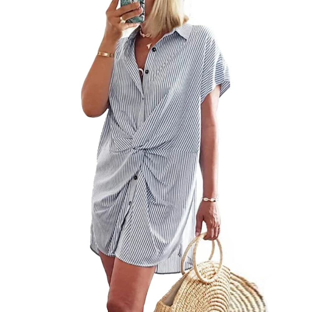 Женское Асимметричное мини платье рубашка с коротким рукавом и отложным