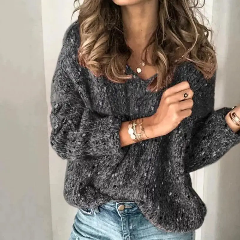 Модный женский свитер осень v-образный вырез длинный рукав вязаные