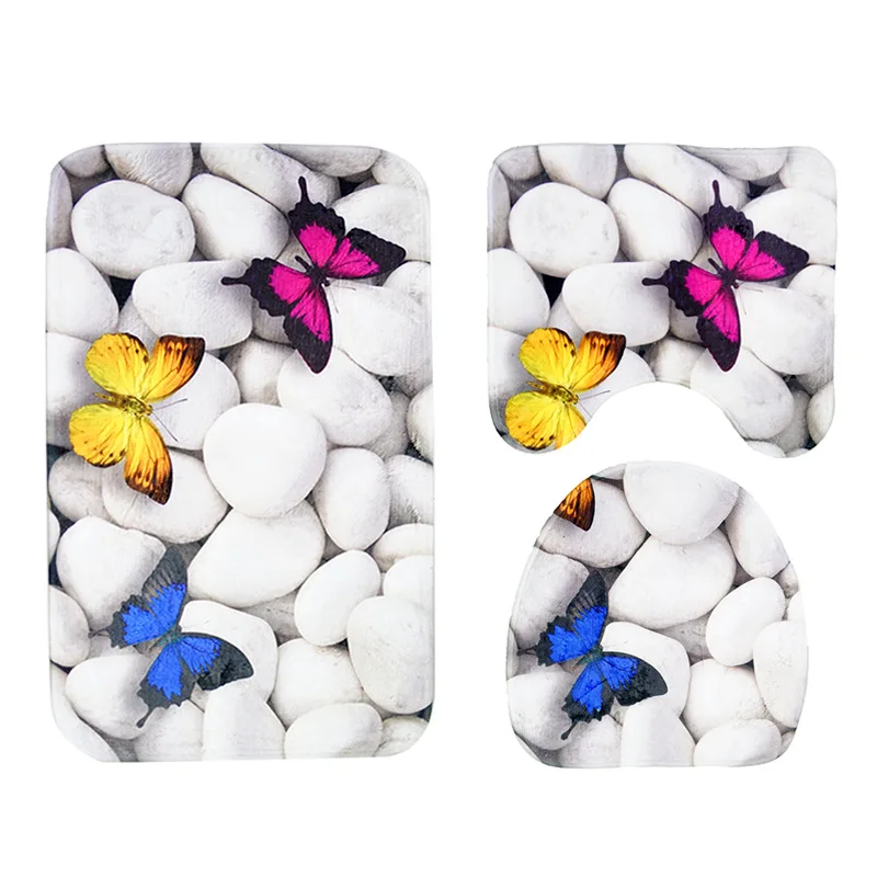 

Toilet Rug Alfombra Bano 3 Pcs Butterfly Stone Ocean Bath Mats Anti Slip Bathroom Mat Set Tapete Banheiro Washable Modern Mats
