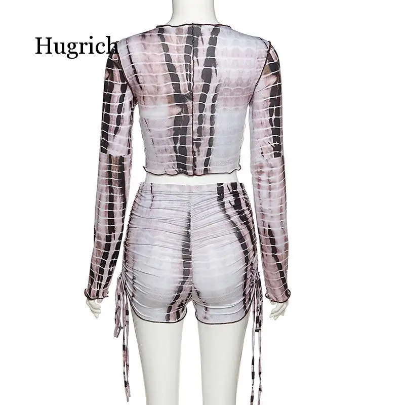 

Activity Clother Female Vintage Stripe Print 2 Piece Set Street Full Crop Top Shorts Ruched Set Sport Slim Set