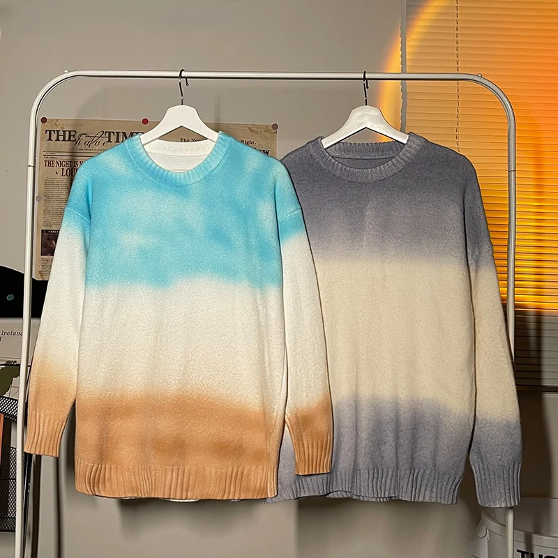 2021 New Fashion Men s Tie dye Color contrast Knitwear Mens Crew Neck Couple outfit  Dilly Sweater Pullover Couple sweater