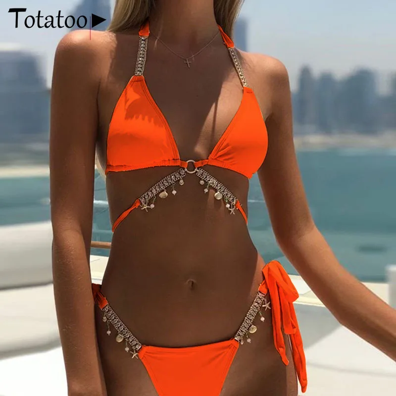 

Serytee Hot Halter Metal Chain Crystal Tassel Brazilian Bikini Sets Women 2020 Summer Backless Lace Up Bandage Swimsuit Orange