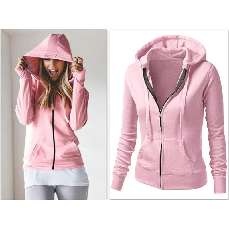 

Women Hooded Sweatshirt Long Sleeve Autumn Spring Coat Patchwork Pocket Zipper Hoodie Overcoat