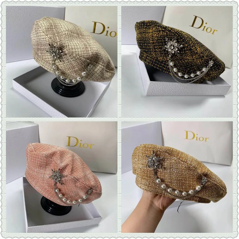 

Luxe Diamant Decoratie Baret Hoed Voor Vrouwen Franse Designer Baret Cap Met Parels Verfraaiing Plaid Schilder Achthoekige Hoede